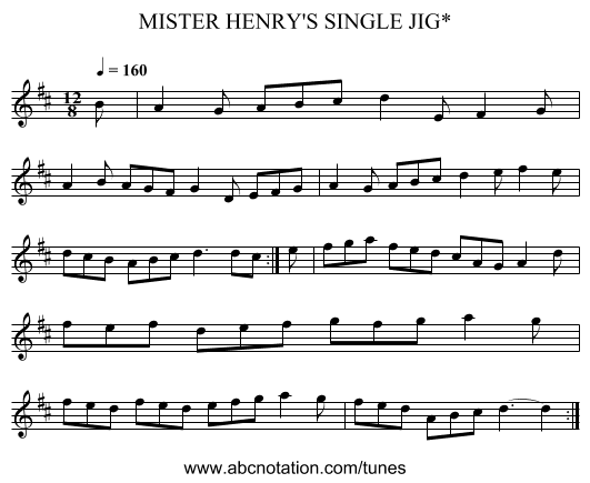 MISTER HENRY'S SINGLE JIG* - staff notation