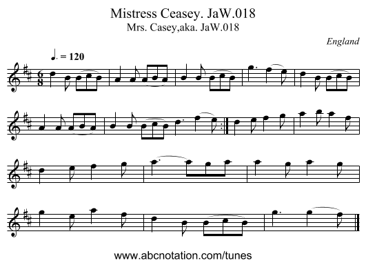 Mistress Ceasey. JaW.018 - staff notation