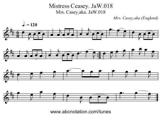 Mistress Ceasey. JaW.018 - staff notation