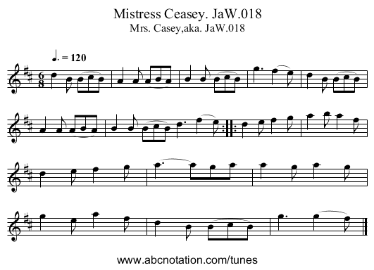 Mistress Ceasey. JaW.018 - staff notation