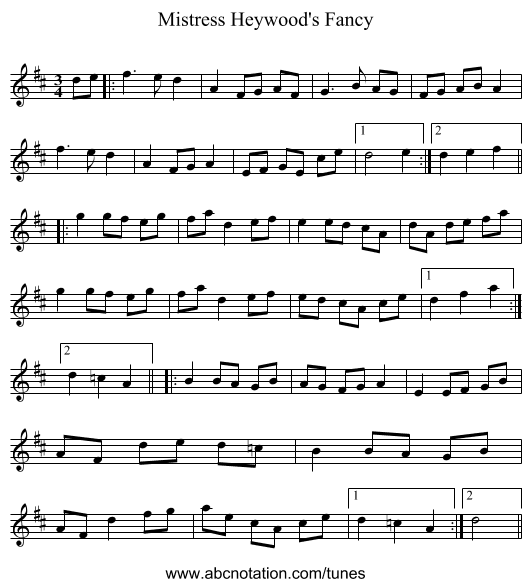 Mistress Heywood's Fancy - staff notation