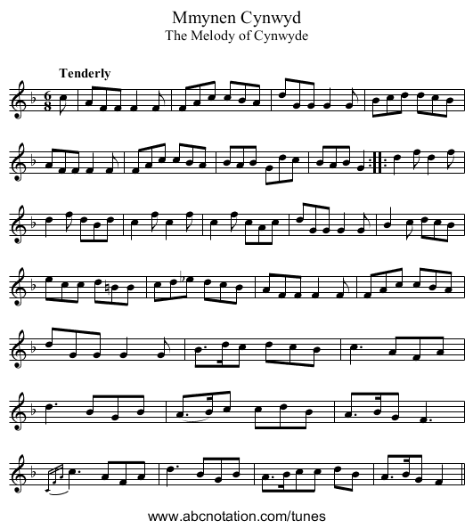 Mmynen Cynwyd - staff notation