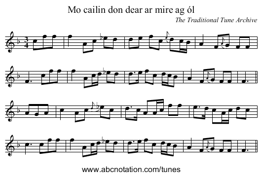 Mo cailin don dear ar mire ag ól - staff notation