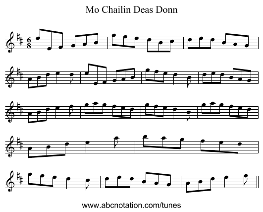 Mo Chailin Deas Donn - staff notation