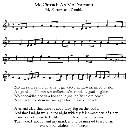 Mo Chreach A's Mo Dh&iacute;chairt - staff notation