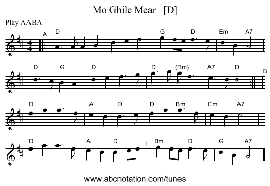 Mo Ghile Mear   [D] - staff notation