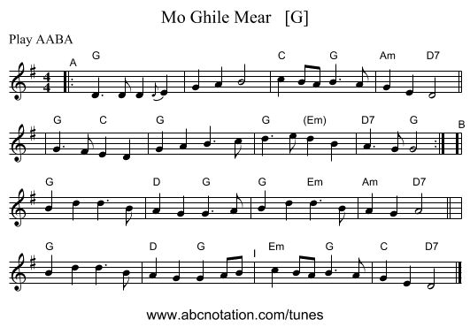Mo Ghile Mear   [G] - staff notation