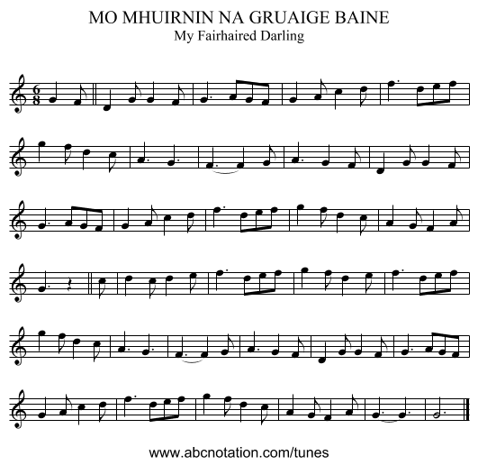MO MHUIRNIN NA GRUAIGE BAINE - staff notation