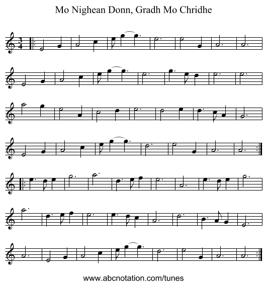 Mo Nighean Donn, Gradh Mo Chridhe - staff notation