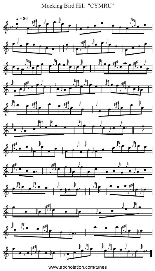 Mocking Bird Hill  CYMRU - staff notation