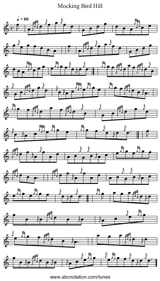 Mocking Bird Hill - staff notation