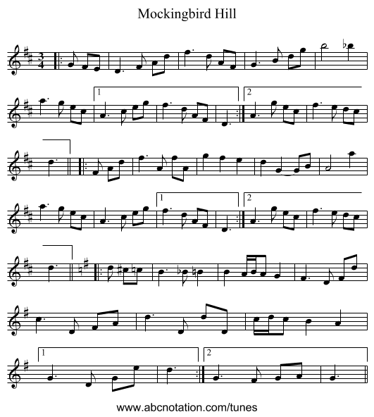 Mockingbird Hill - staff notation