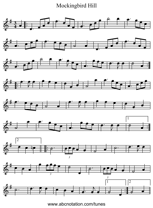 Mockingbird Hill - staff notation