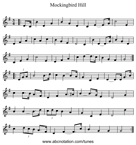 Mockingbird Hill - staff notation