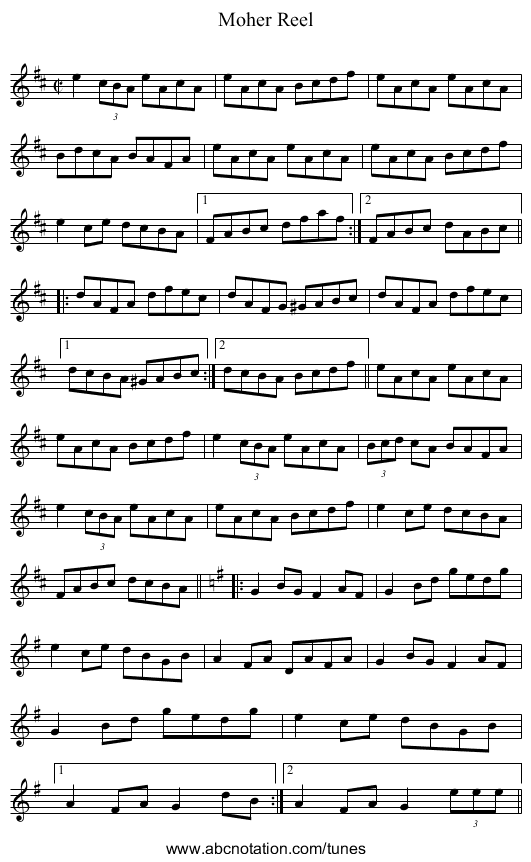 Moher Reel - staff notation