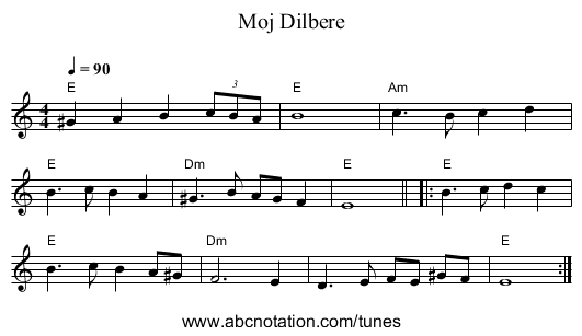 Moj Dilbere - staff notation
