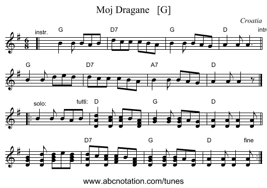 Moj Dragane   [G] - staff notation