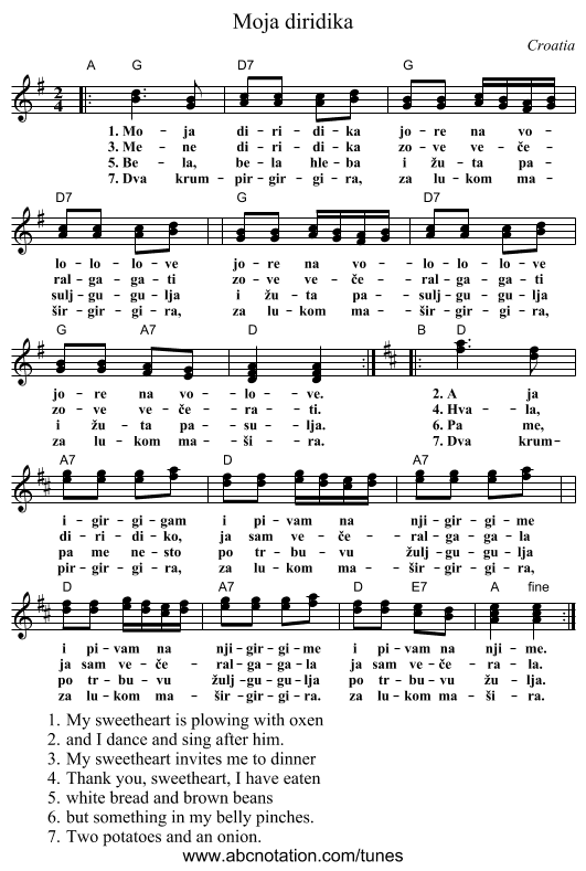 Moja diridika - staff notation