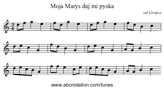 Moja Marys daj mi pyska - staff notation