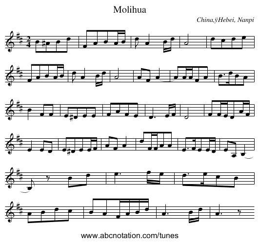 Molihua - staff notation
