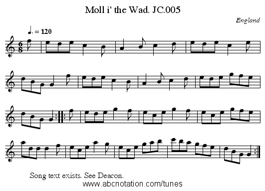 Moll i' the Wad. JC.005 - staff notation