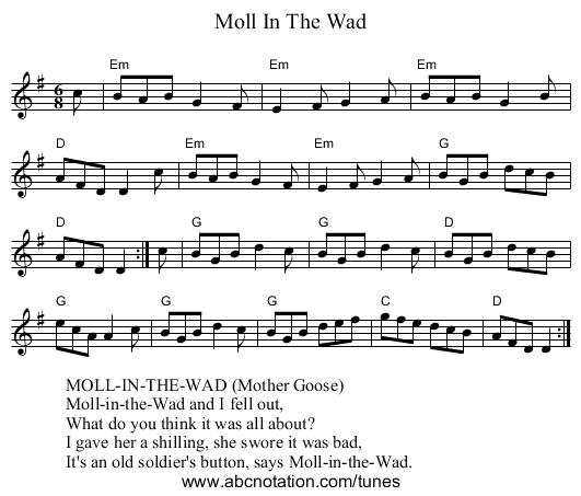 Moll In The Wad - staff notation