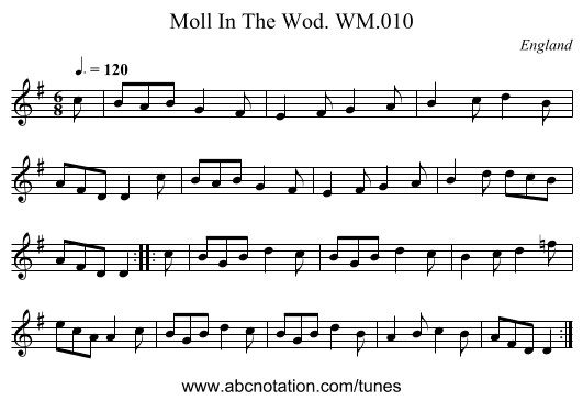 Moll In The Wod. WM.010 - staff notation