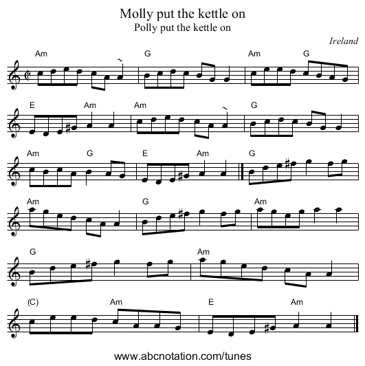 Molly put the kettle on - staff notation