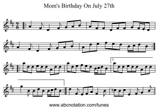 Mom's Birthday On July 27th - staff notation