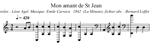 Mon amant de St Jean - staff notation