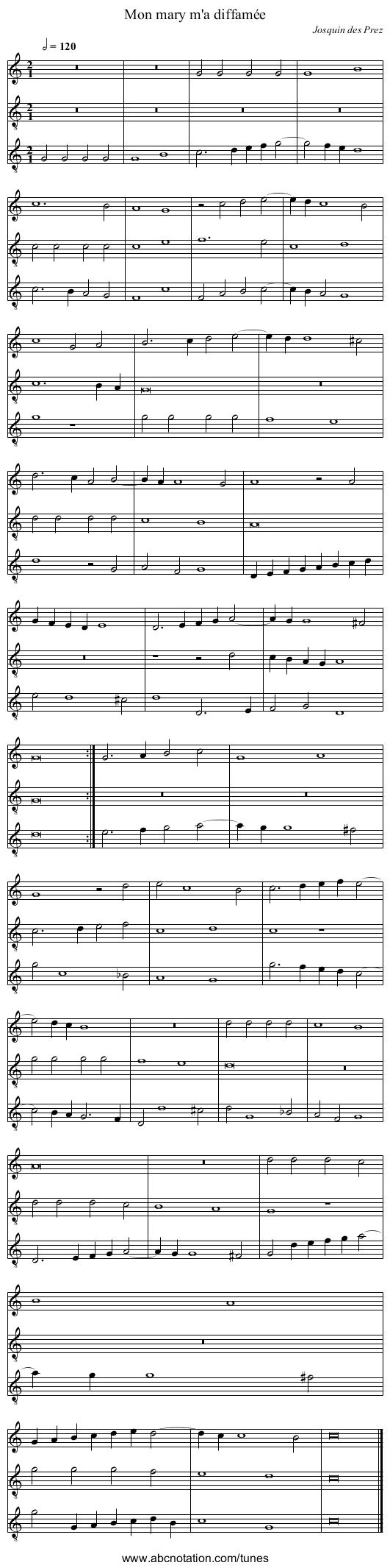 Mon mary m'a diffam&eacute;e - staff notation