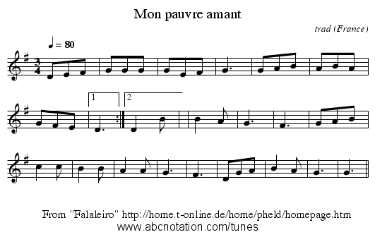 Mon pauvre amant - staff notation