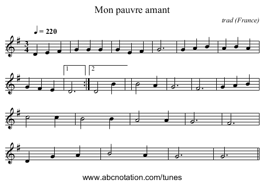 Mon pauvre amant - staff notation