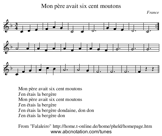 Mon père avait six cent moutons - staff notation