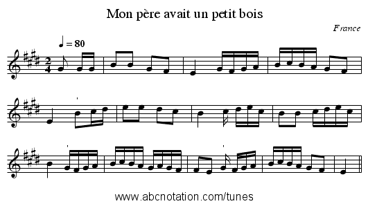 Mon père avait un petit bois - staff notation