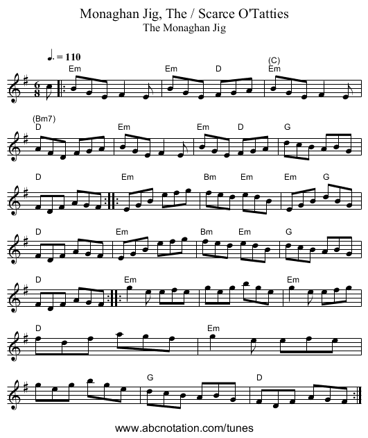 Monaghan Jig, The / Scarce O'Tatties - staff notation