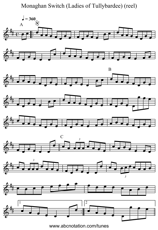 Monaghan Switch (Ladies of Tullybardee) (reel) - staff notation