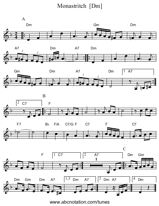 Monastritch  [Dm] - staff notation