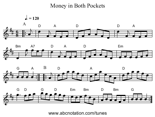 Money in Both Pockets - staff notation