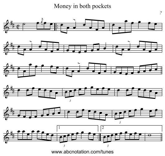 Money in both pockets - staff notation