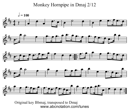 Monkey Hornpipe in Dmaj 2/12 - staff notation