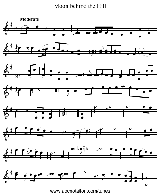 Moon behind the Hill - staff notation