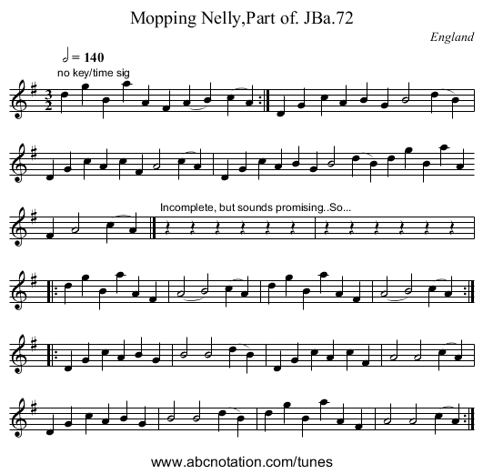 Mopping Nelly,Part of. JBa.72 - staff notation