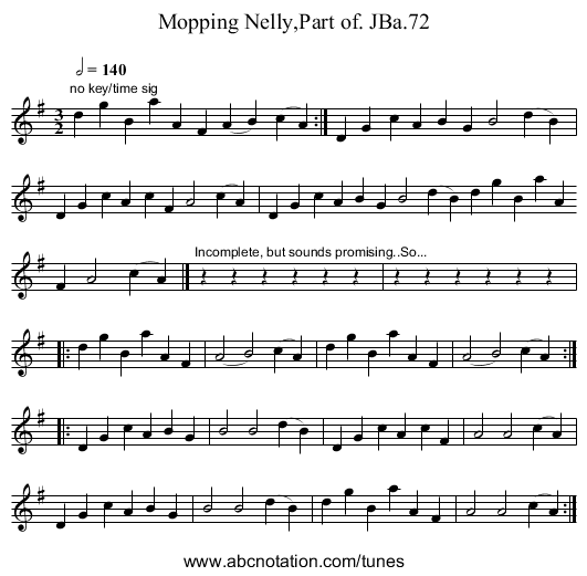 Mopping Nelly,Part of. JBa.72 - staff notation