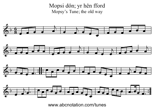 Mopsi dôn; yr hên fford - staff notation