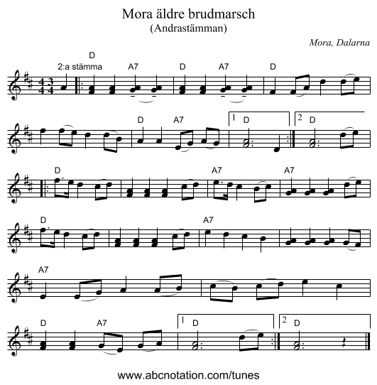 Mora äldre brudmarsch - staff notation