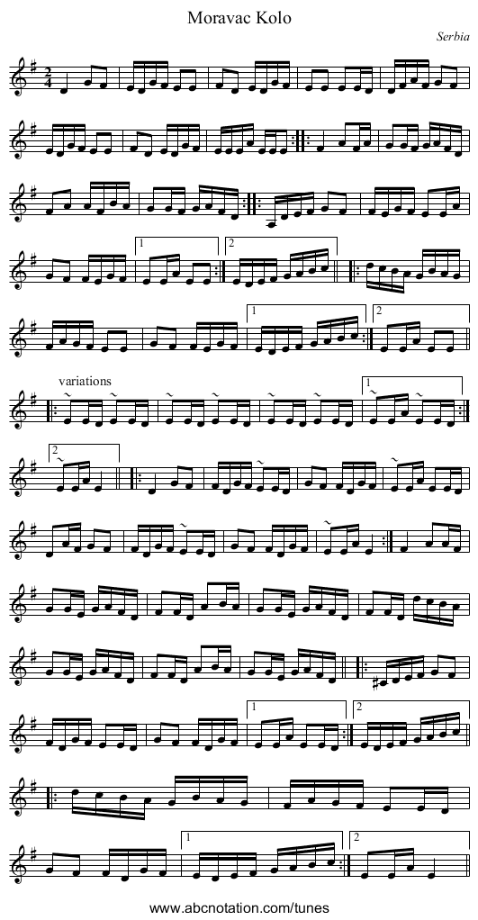 Moravac Kolo - staff notation