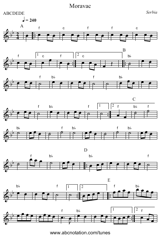 Moravac - staff notation