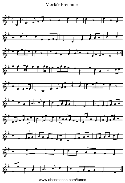 Morfa'r Frenhines - staff notation