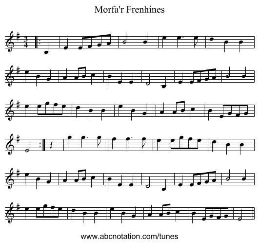 Morfa'r Frenhines - staff notation
